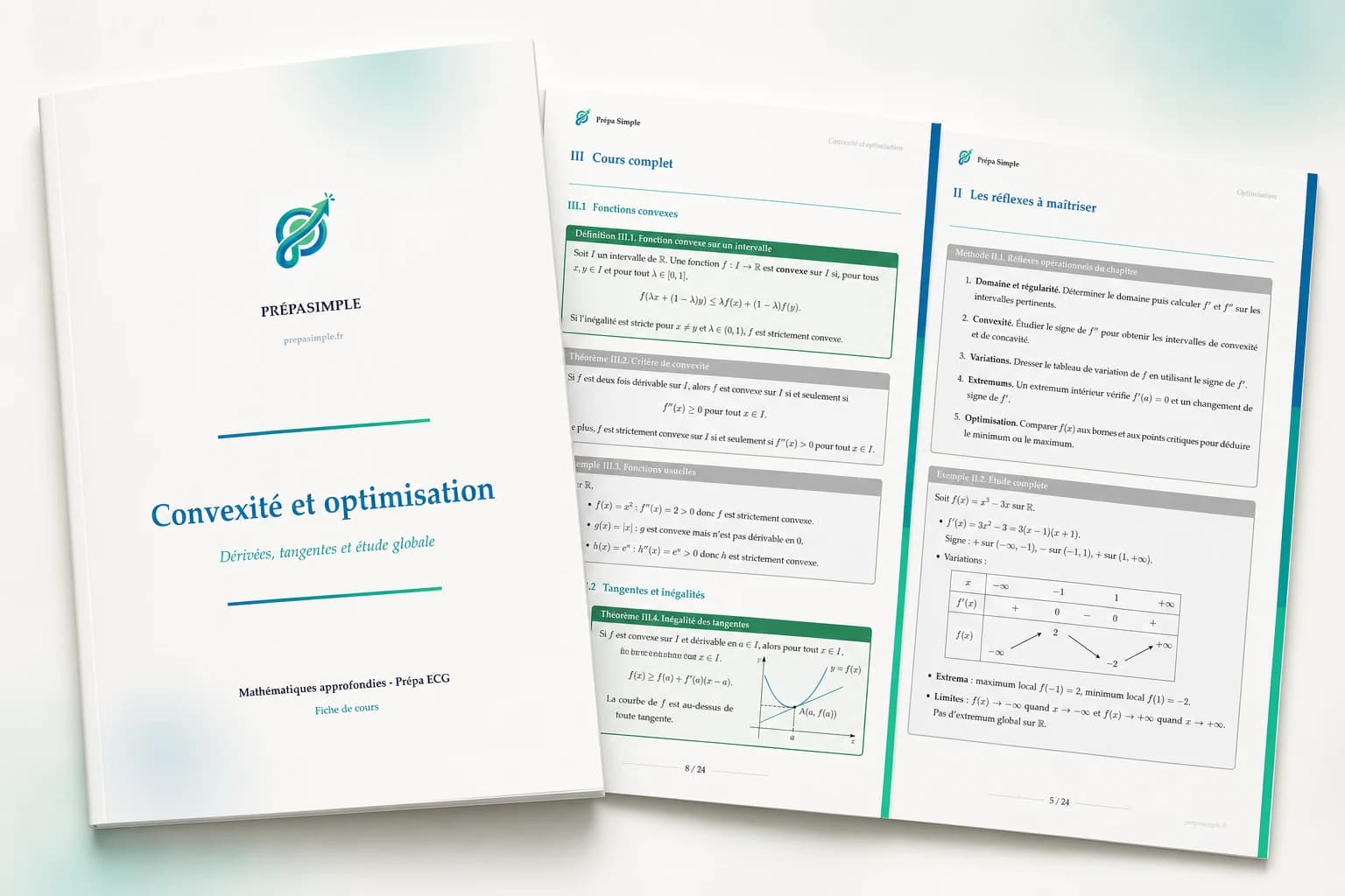 La fiche PrépaSimple Convexité et optimisation, sa couverture et deux pages de cours