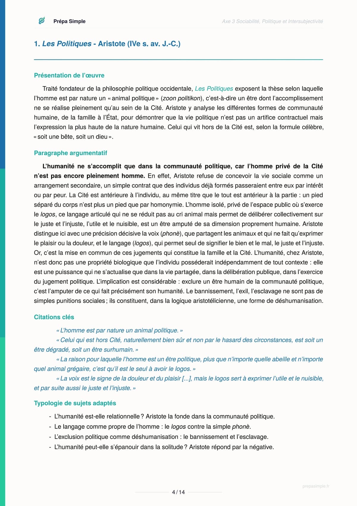 Une page des Paragraphes PrépaSimple sur l’humanité : présentation des Politiques d’Aristote, paragraphe argumentatif et citations clés